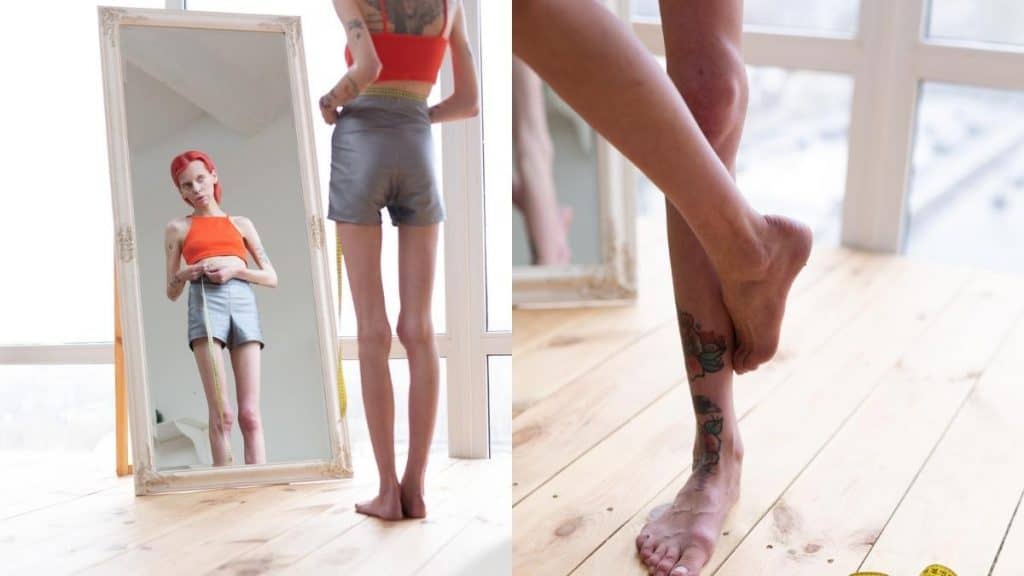 A woman with 10 inch calves looking in the mirror