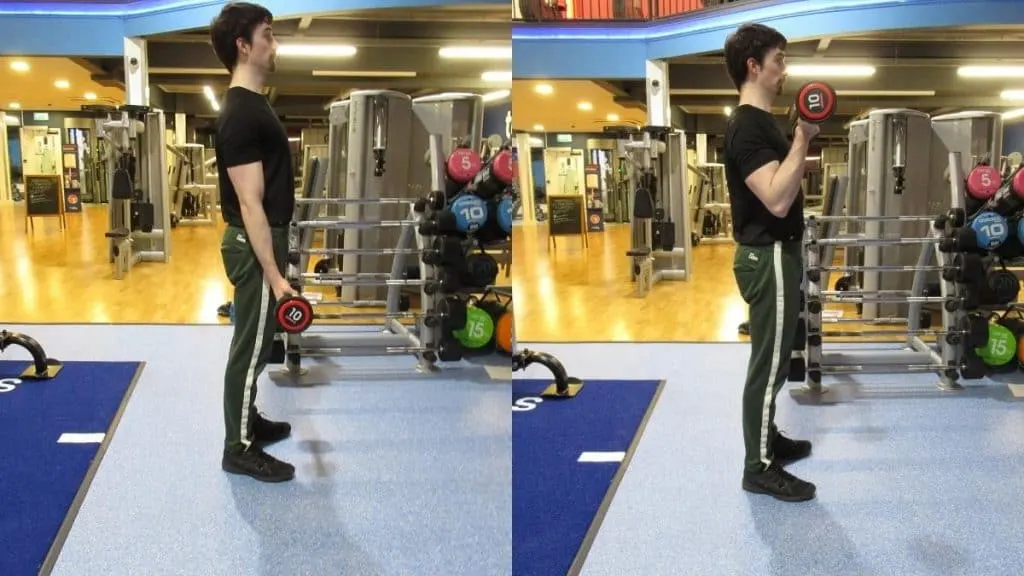 A man performing a 10 kg barbell curl for his biceps