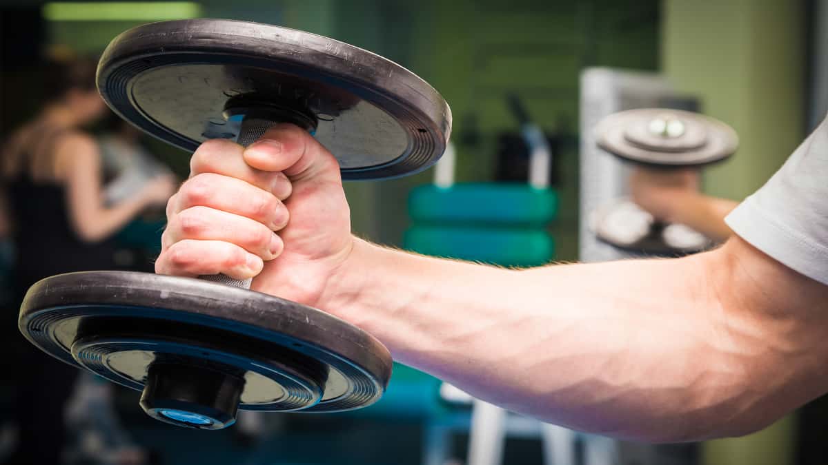 A man holding a dumbbell showing his 15 inch forearm