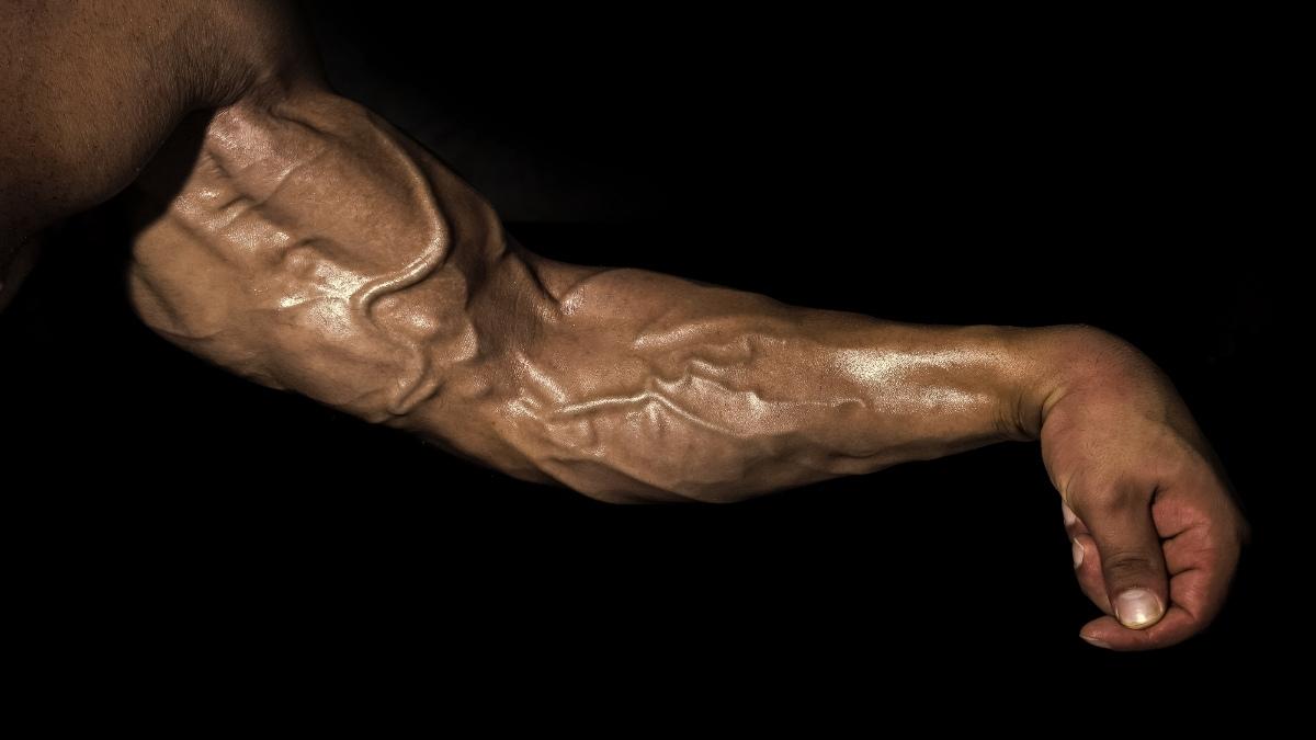 A bodybuilder flexing his 19 inch forearms