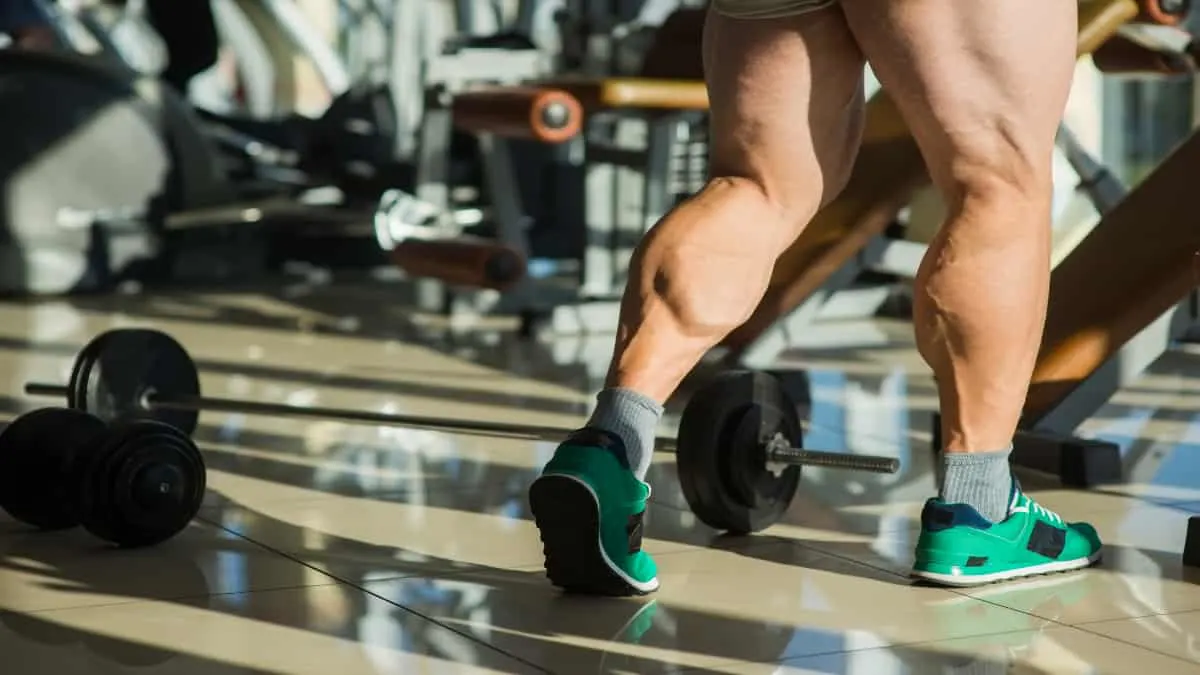 A bodybuilder flexing his big 20 inch calves