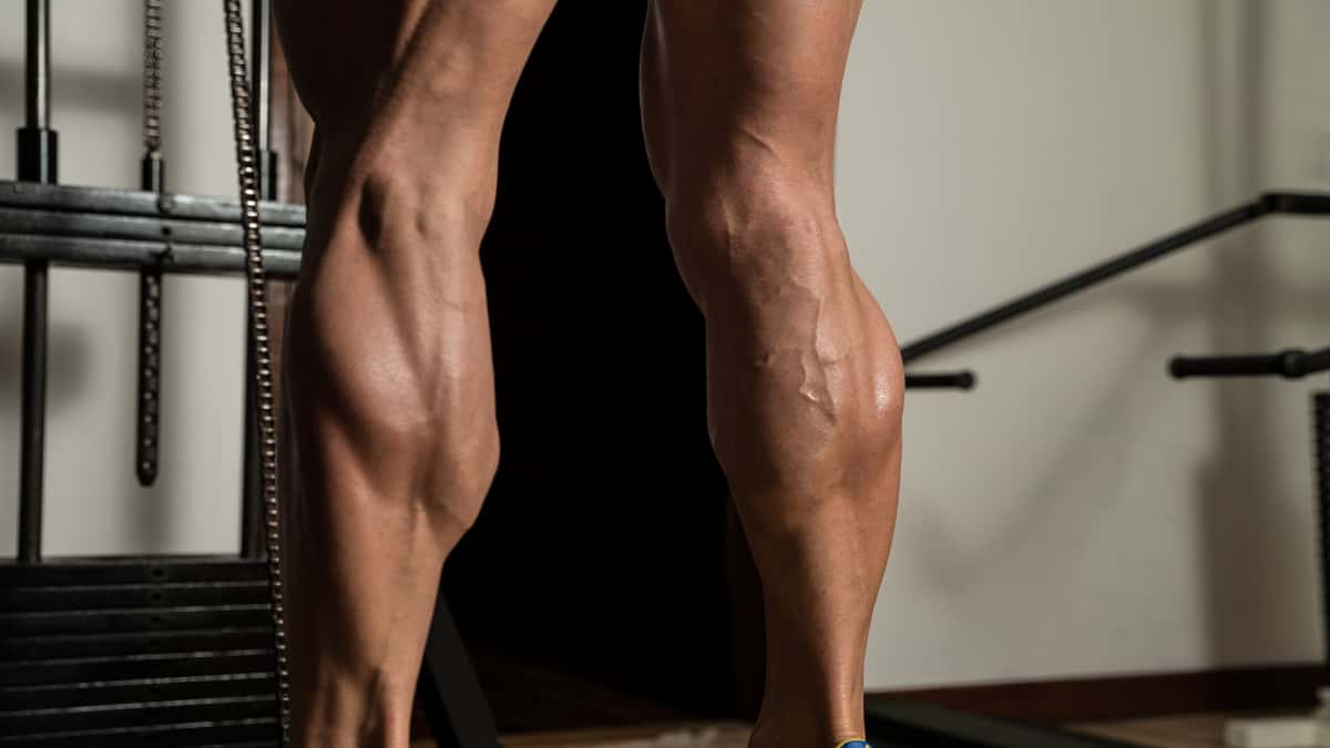 A bodybuilder training his big 18 inch calves