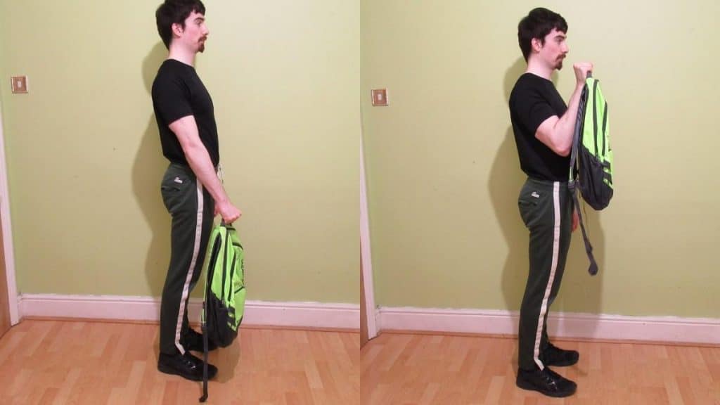 A man doing a backpack reverse curl