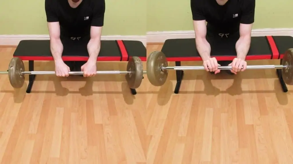 A man doing a barbell reverse forearm curl