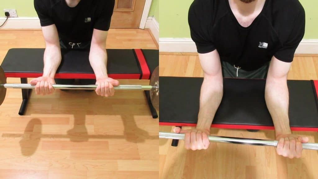 A man performing a BB wrist curl for his forearms