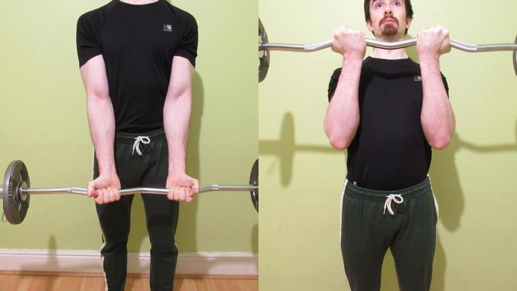 A man showing how the forearms are worked during bicep curls