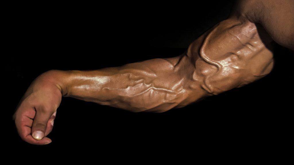 A bodybuilder flexing his forearms