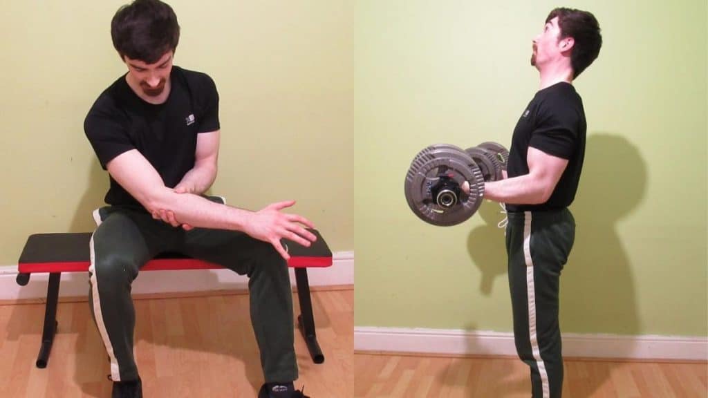 A man showing how you can get brachioradialis pain when curling weights