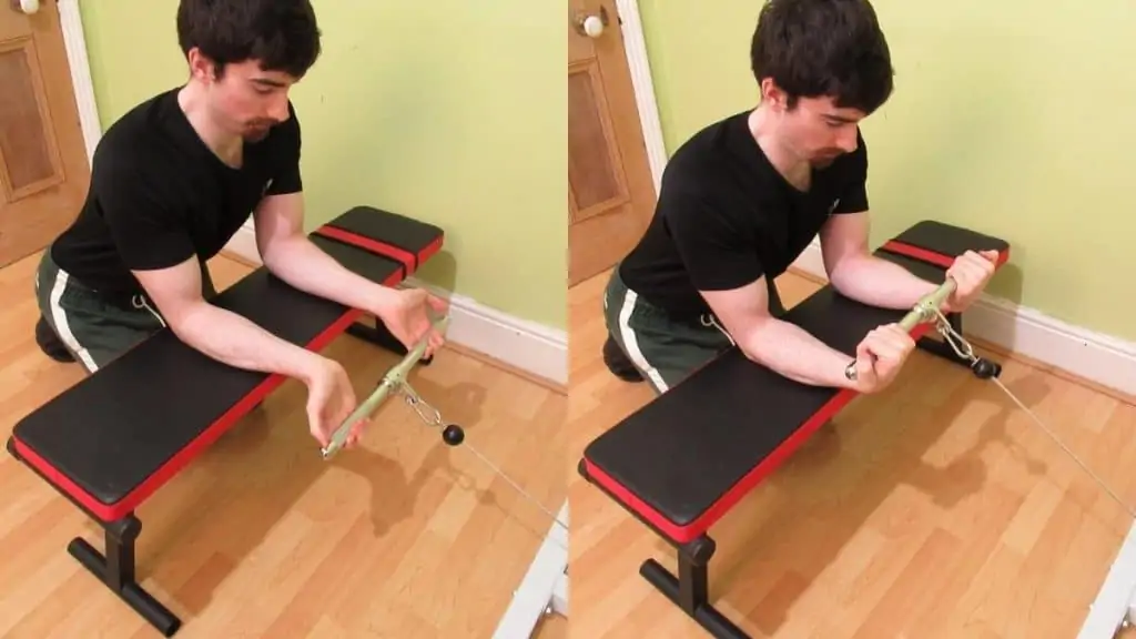 A weight lifter doing a cable forearm curl during his cable forearm workout