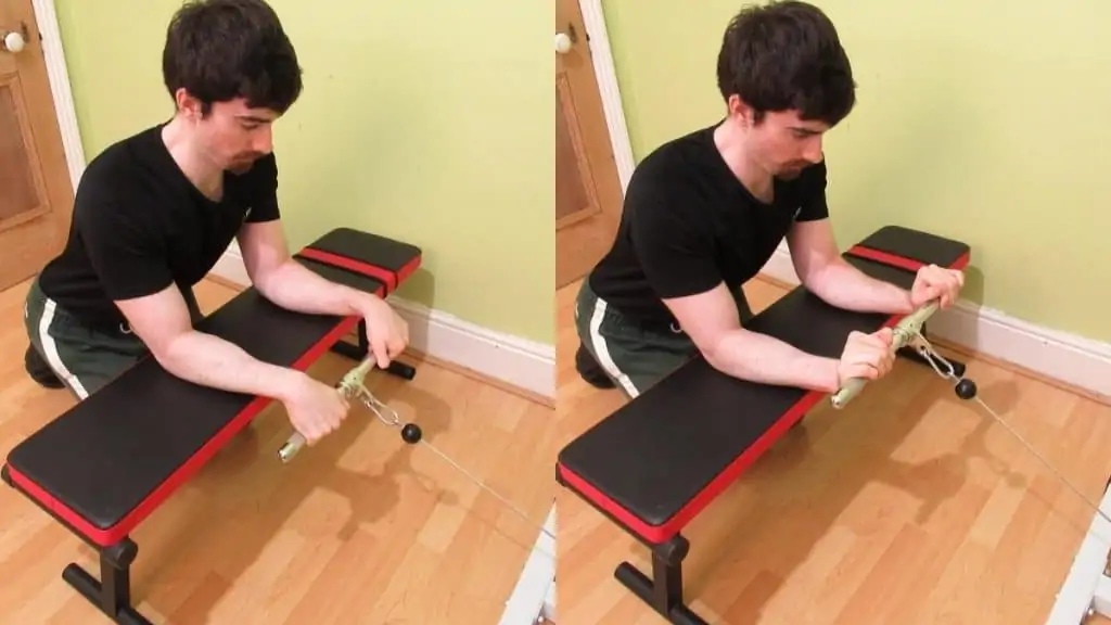 A man performing a cable reverse wrist curl