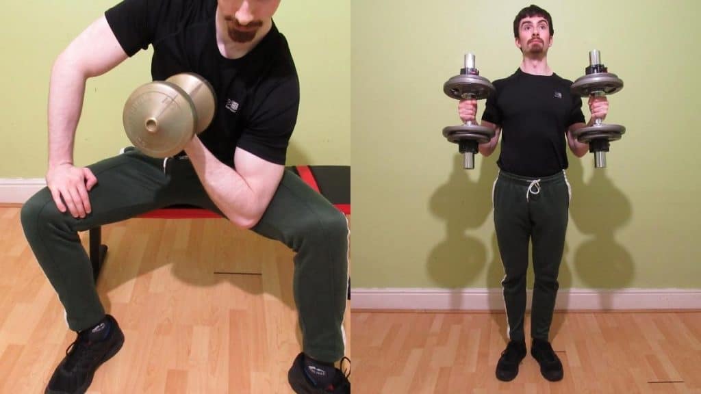 A man doing a concentration curl vs hammer curl comparison to demonstrate the differences