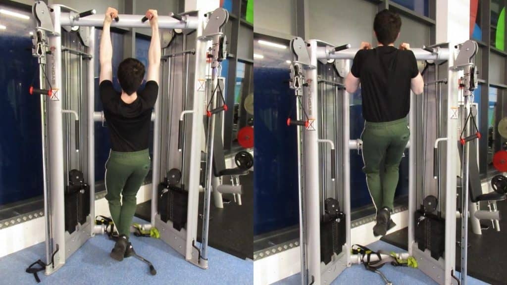 A weight lifter demonstarting how chin ups work your forearms