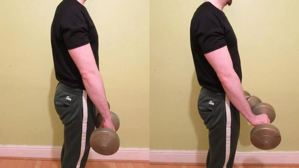 A man doing dumbbell standing reverse wrist curls