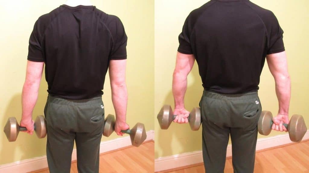 A man doing a dumbbell standing wrist curl to train his forearms