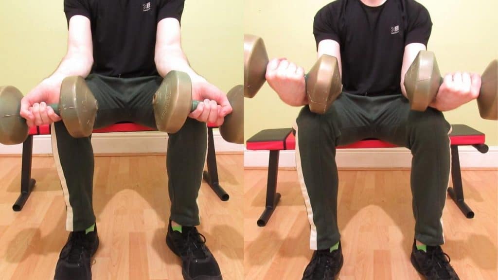 A man doing the dumbbell wrist curl exercise to work his forearms