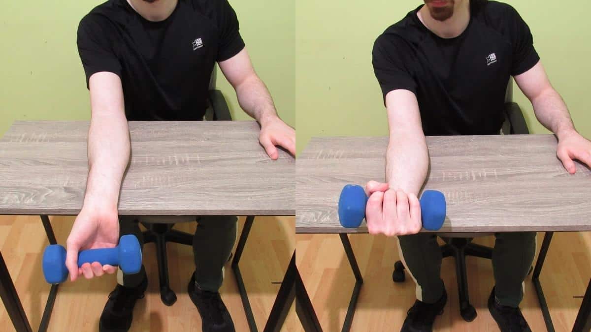 A man performing a dumbbell wrist flexion for his forearm