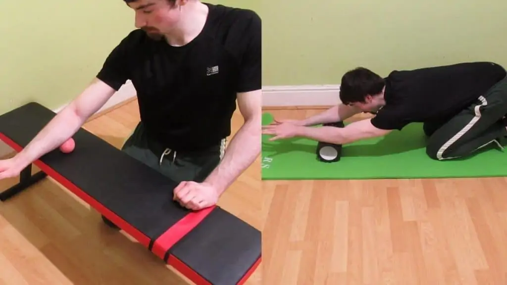 A man foam rolling his forearms