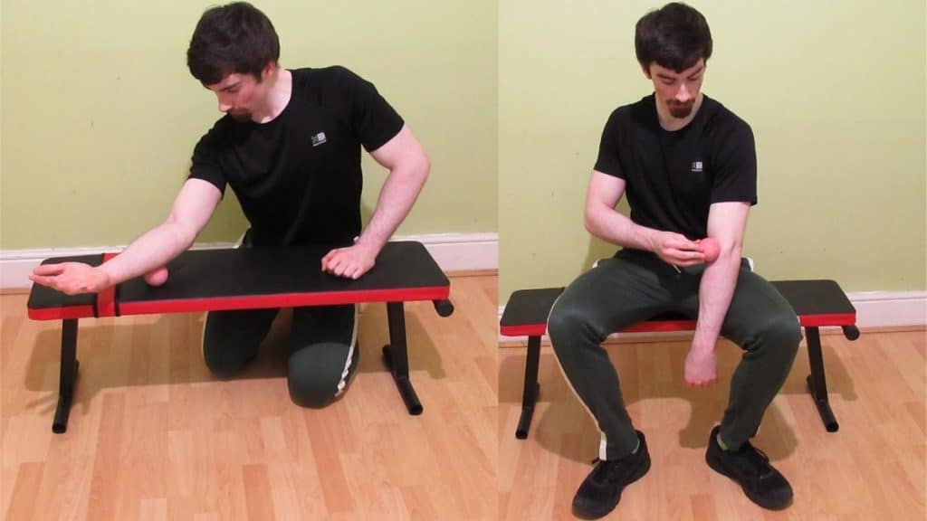 A man showing what to do if your forearm feels tight; massage the area with a Lacrosse ball