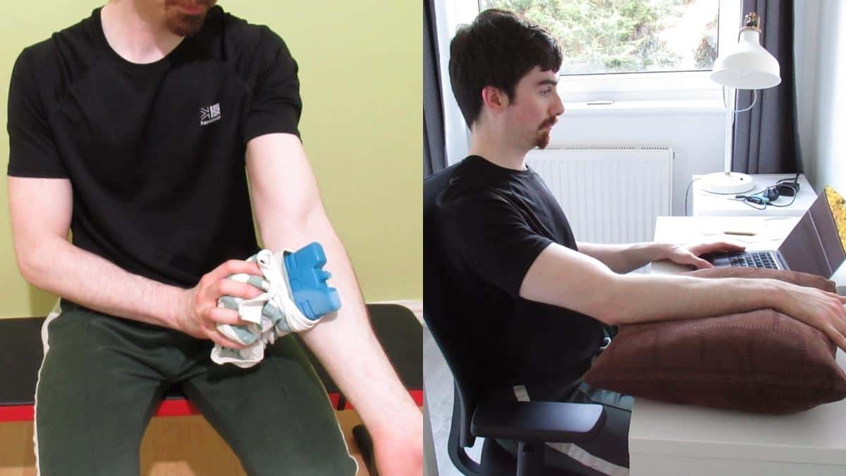 A man showing how to treat common forearm muscle strains with rest, ice, and elevation