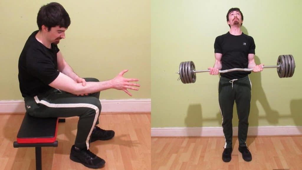 A man with forearm pain from bicep curls