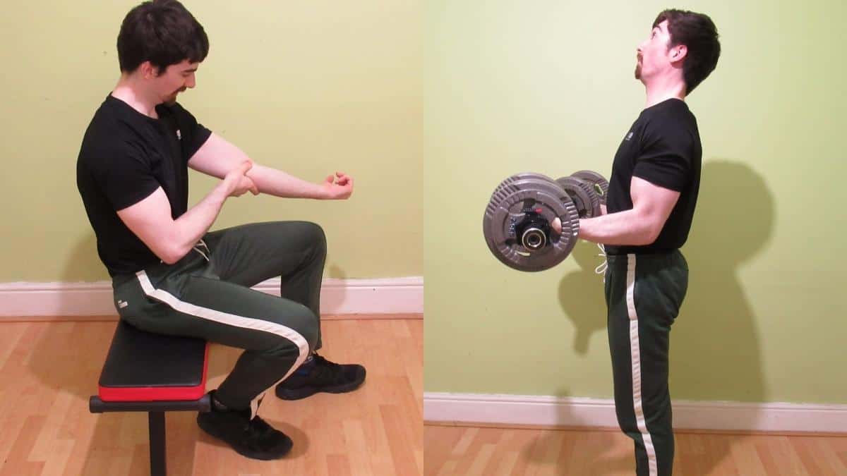 A weight lifter showing how you can get forearm pain when curling