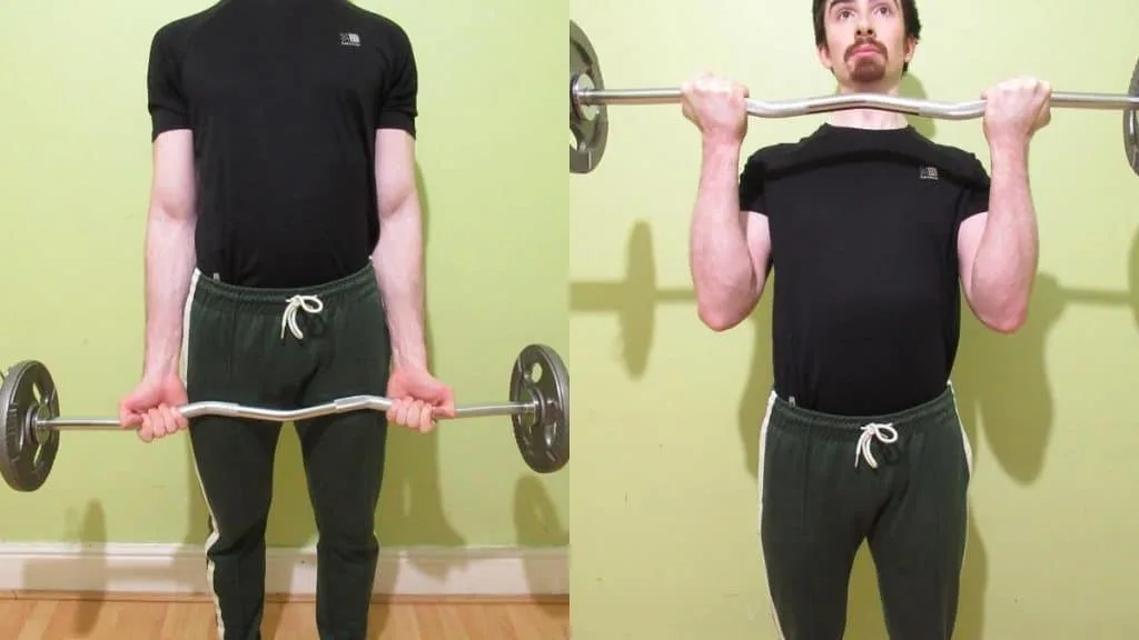 A man showing what to do if you get forearm pain while curling (use an EZ bar)