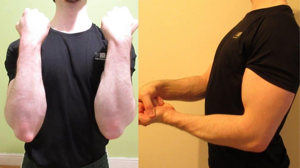 A muscular man demonstrating the differences between the forearms and the upper arms