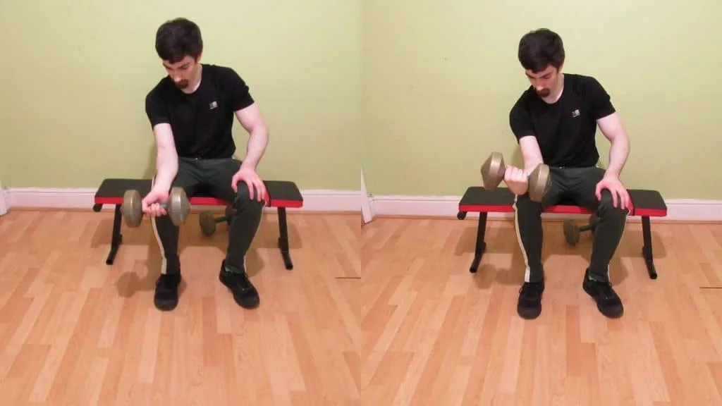 A weight lifter doing a forearm workout at home with dumbbells