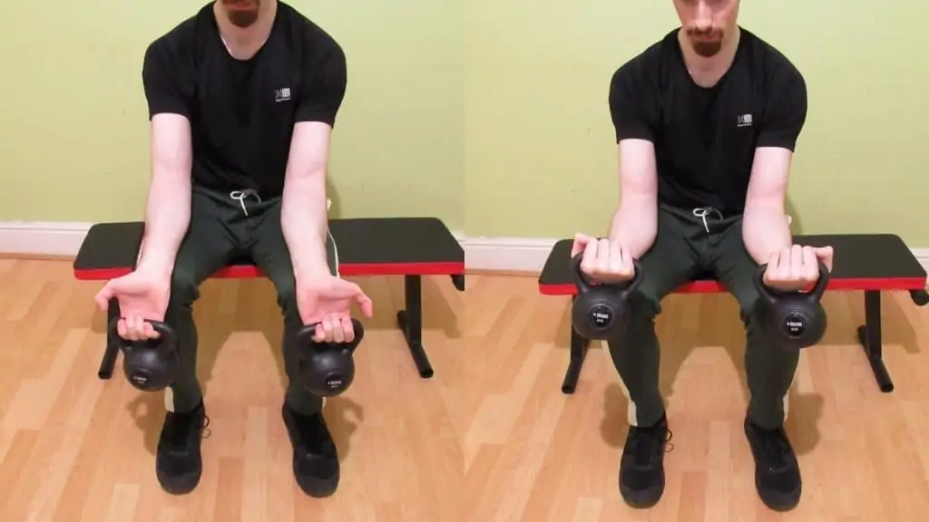 A man doing a kettlebell wrist curl for his forearms