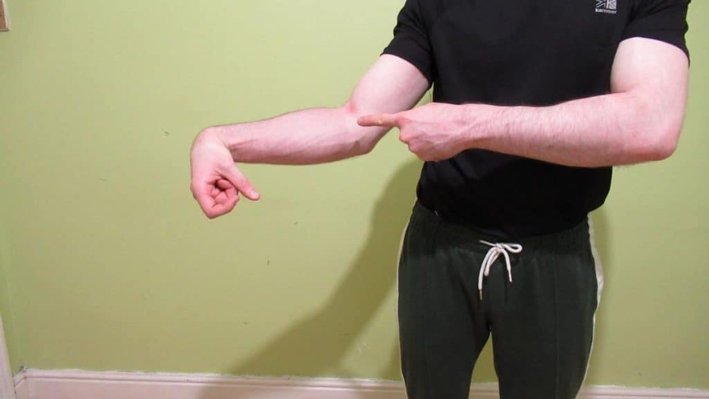 A muscular man pointing at his forearms