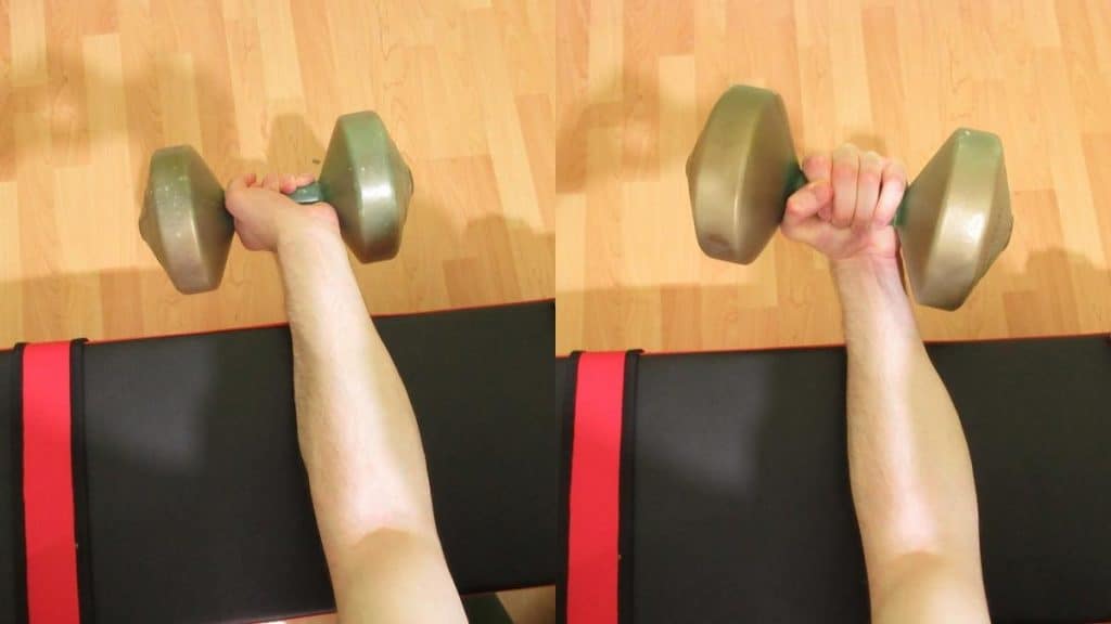 A man performing a one arm dumbbell wrist curl to work his forearms
