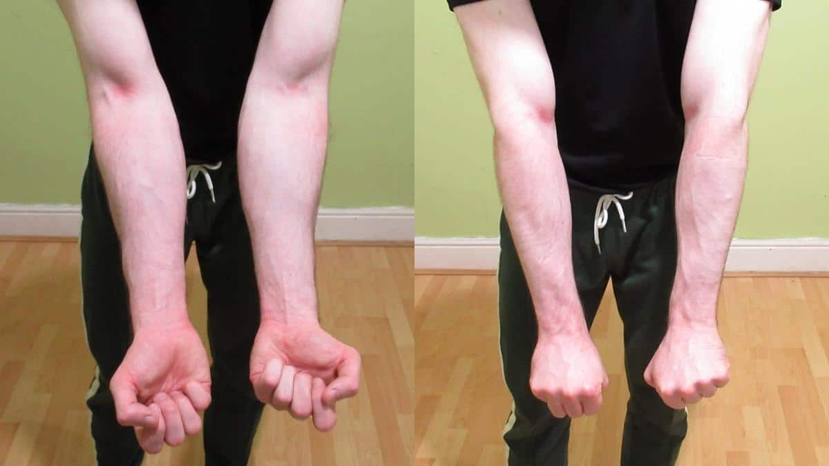 A man showing the opposite of forearm (the extensors and flexors)