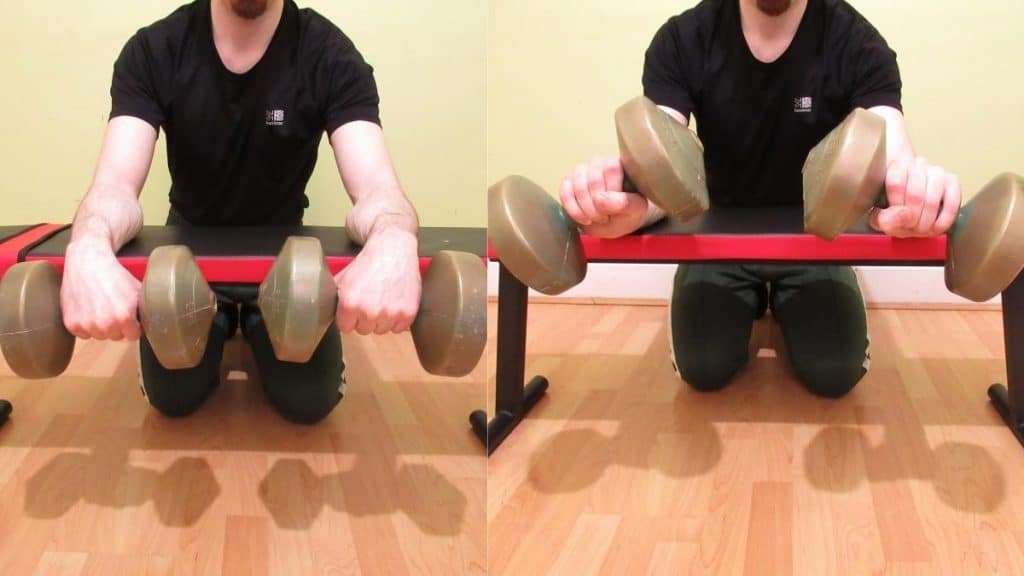 A weight lifter performing a palm down wrist curl
