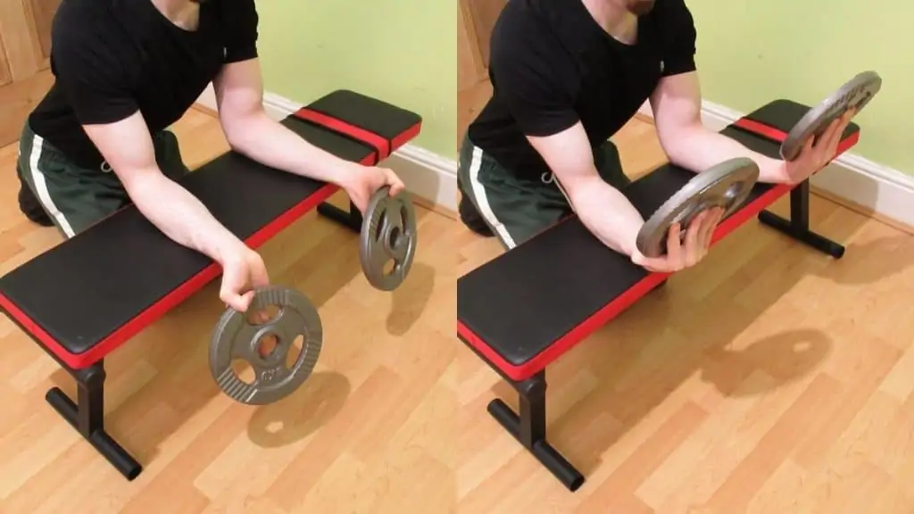 A man performing some plate forearm curls