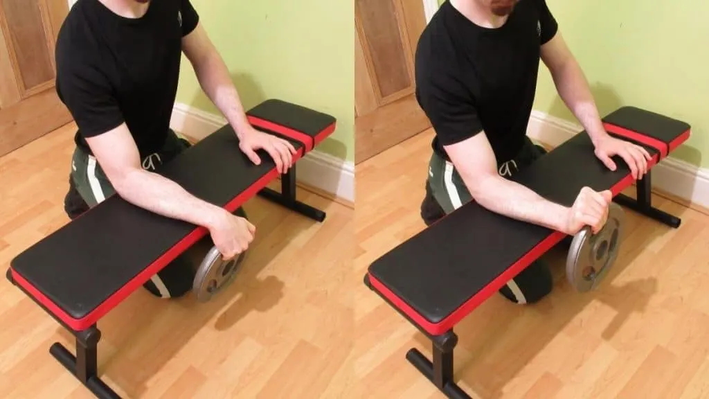 A man doing a reverse plate wrist curl