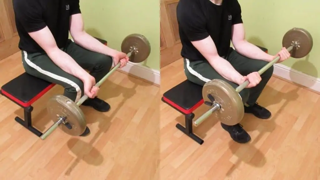 A man performing a seated barbell forearm curl