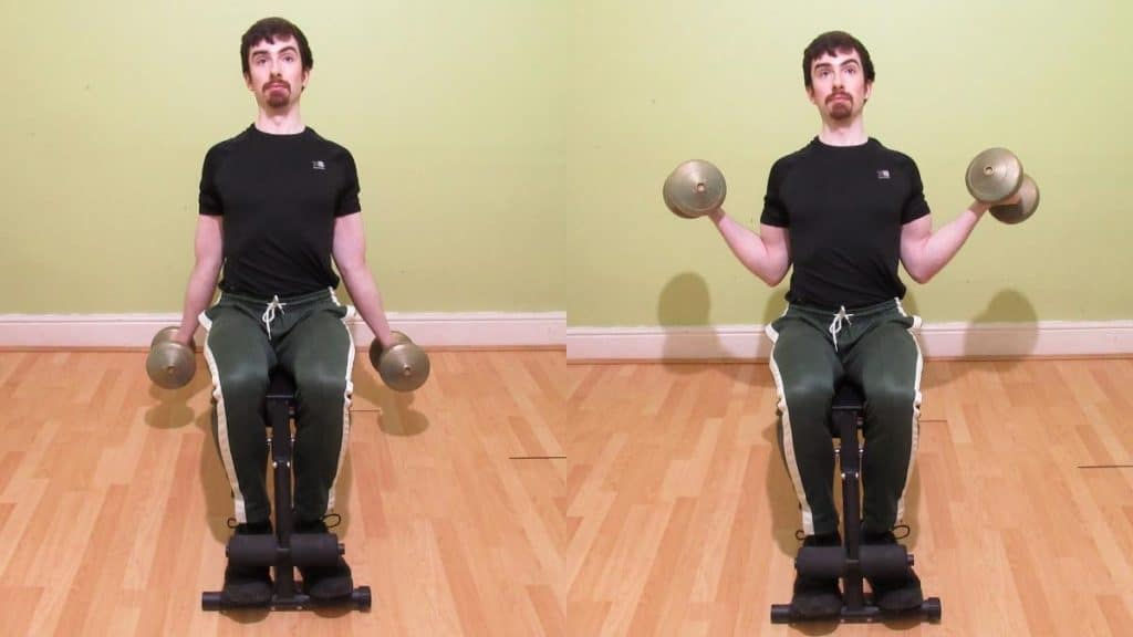 A weight lifter doing seated wide dumbbell curls