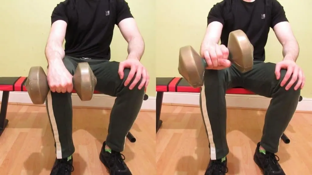 A weight lifter performing a single dumbbell reverse wrist curl