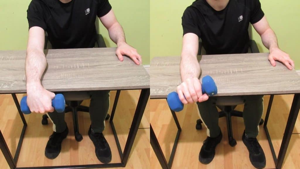 A man performing a single dumbbell wrist extension