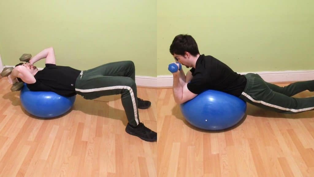 A man doing a skull crusher on a stability ball