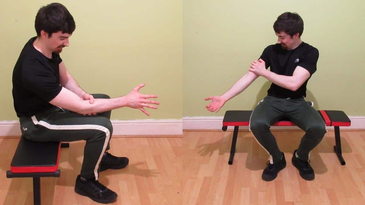 A man doing an upper arm vs forearm comparison to highlight the differences