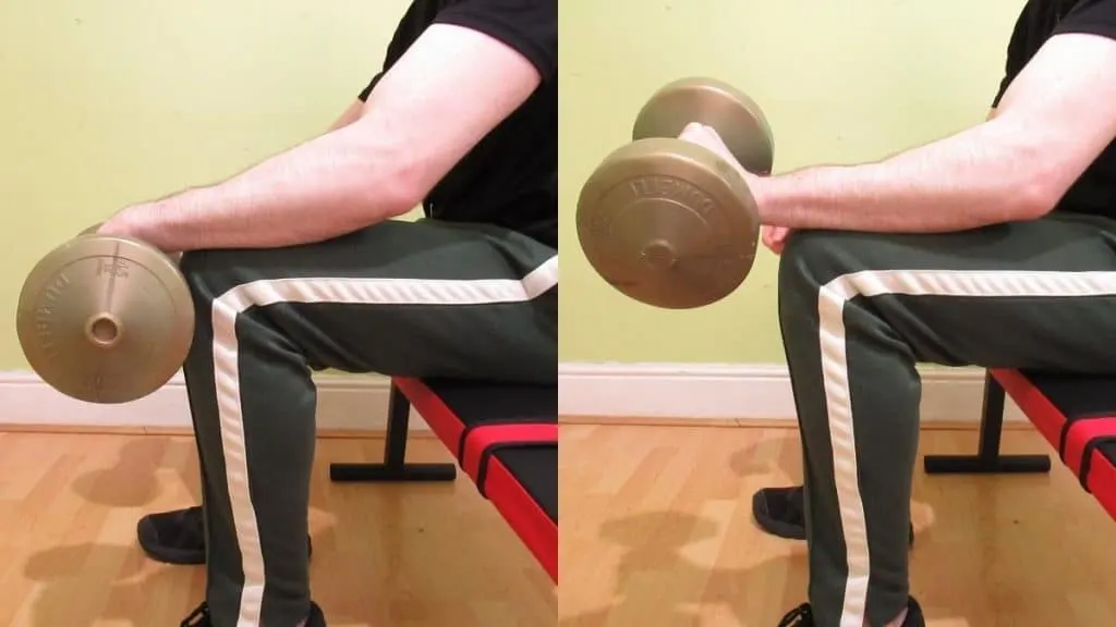 A man doing a wrist extension with a dumbbell