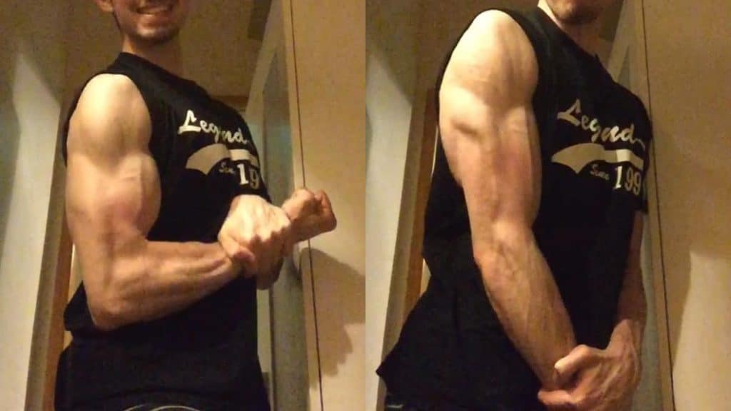 A man showing that the triceps are bigger than the biceps