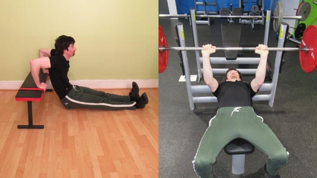 A man doing a head-to-head bench dips vs close grip bench press comparison