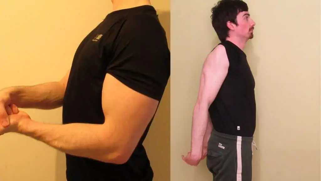 A muscular man doing a side by side bicep vs tricep comparison