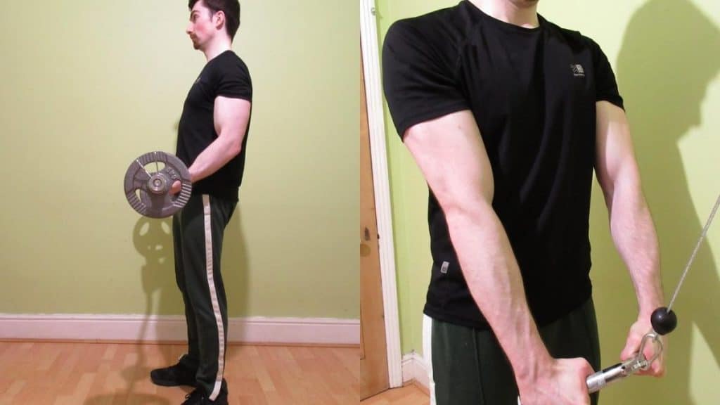 A man demonstrating that you can train either biceps or triceps first in your workout