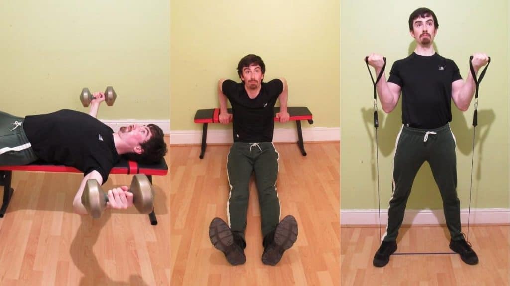 A man demonstrating that you can do either chest and biceps or chest and triceps
