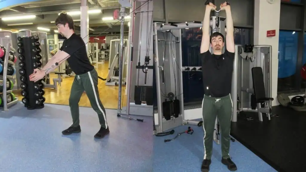 A man performing a chest and tricep superset workout at the gym