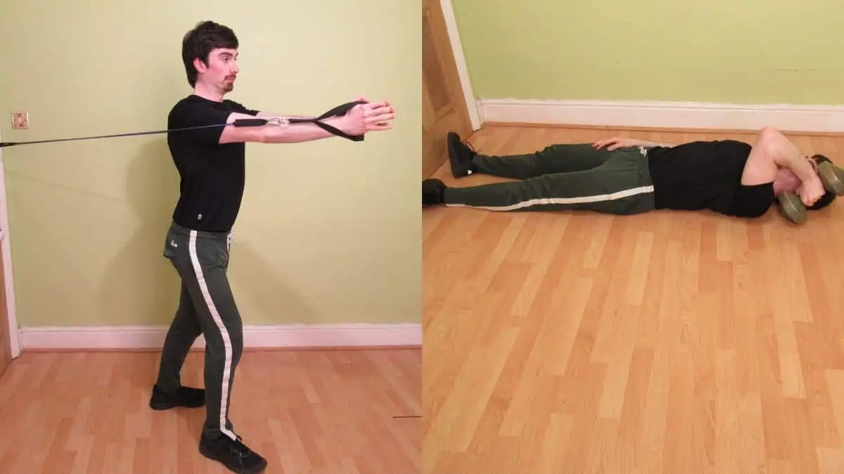 A man performing a chest and tricep workout at home