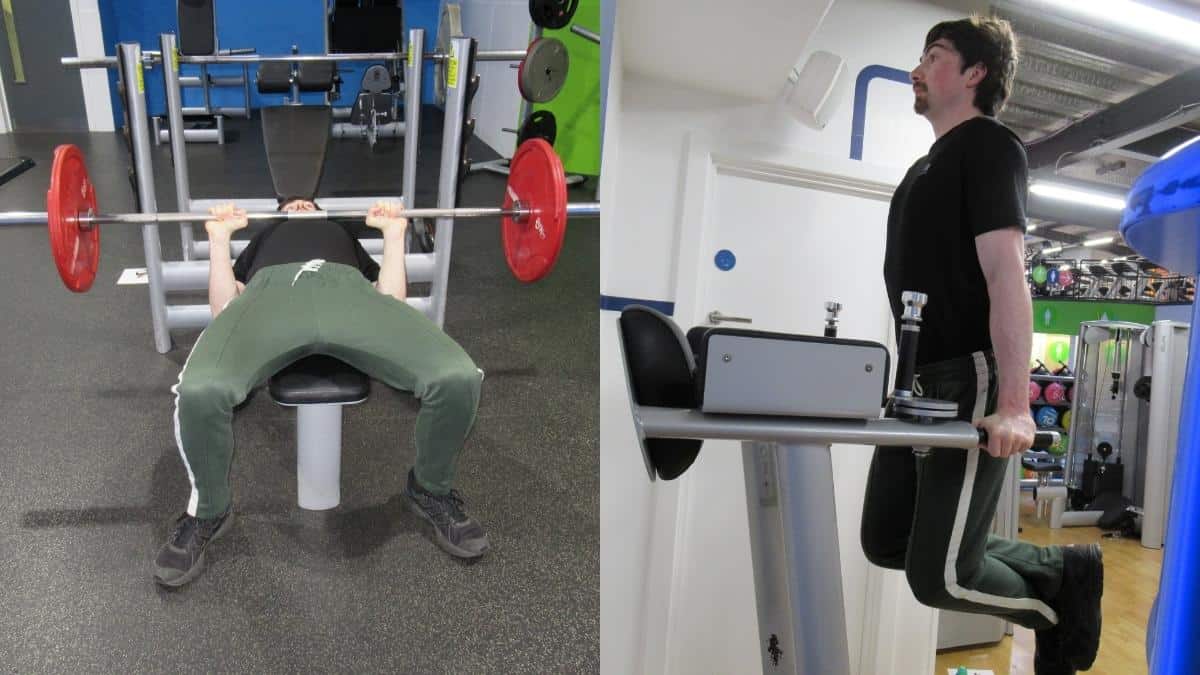 A man doing a close grip bench press vs dips comparison to see which is best for triceps mass